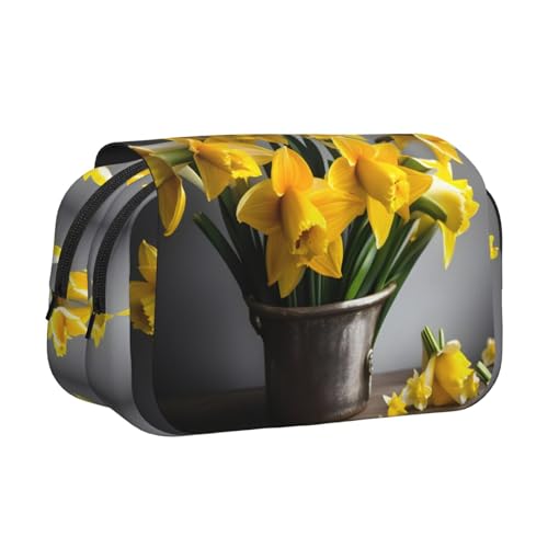 Federmäppchen mit Narzissen-Motiv, doppeltes Klapp-Federmäppchen, Reißverschlusstaschen, großes Fassungsvermögen für Kunstbedarf und Reisen von FKGKDF