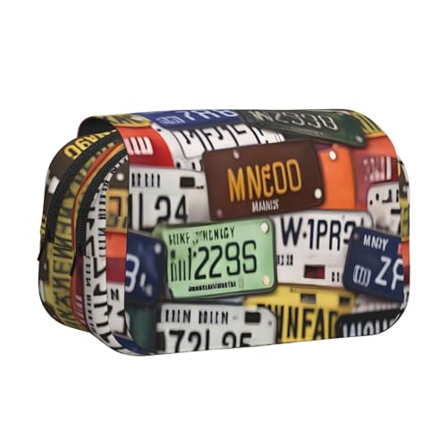 Federmäppchen mit Nummernschilddruck, Doppel-Klappetui, Reißverschlusstaschen, großes Fassungsvermögen für Kunstbedarf und Reisen von FKGKDF