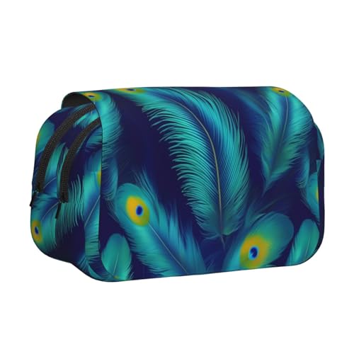 Federmäppchen mit Pfauen-Vogelfeder-Druck, Doppel-Klappetui, Reißverschlusstaschen, großes Fassungsvermögen für Kunstbedarf und Reisen von FKGKDF
