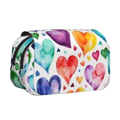 Federmäppchen mit Regenbogen-Herz-Druck, Doppel-Klappetui, Reißverschlusstaschen, großes Fassungsvermögen für Kunstbedarf und Reisen von FKGKDF