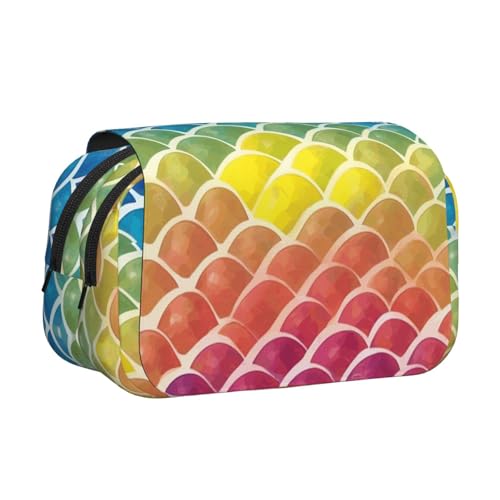 Federmäppchen mit Regenbogenfischschuppen-Druck, Doppel-Klappetui, Reißverschlusstaschen, großes Fassungsvermögen für Kunstbedarf und Reisen von FKGKDF