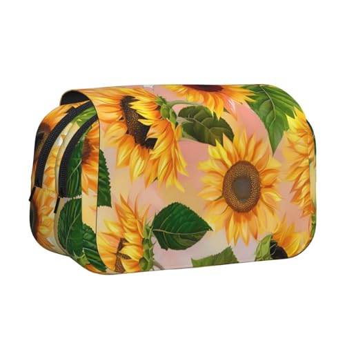 Federmäppchen mit Sonnenblumen-Druck, Doppel-Klappetui, Reißverschlusstaschen, großes Fassungsvermögen für Kunstbedarf und Reisen von FKGKDF