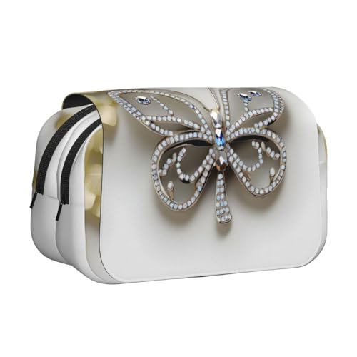 Federmäppchen mit Strasssteinen, Schmetterlings- und Blumendruck, Doppel-Klappetui, Reißverschlusstaschen, großes Fassungsvermögen für Kunstbedarf und Reisen von FKGKDF