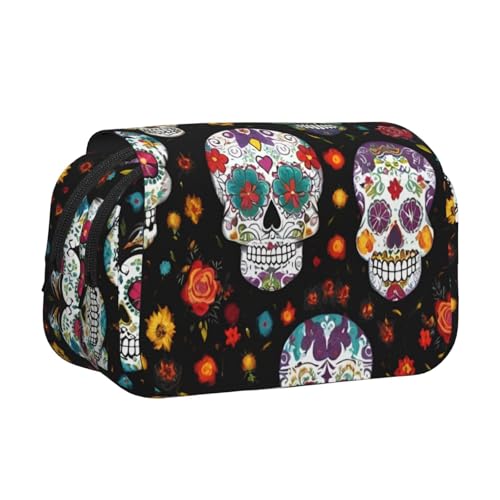 Federmäppchen mit Totenkopf-Aufdruck, Doppel-Klappetui, Reißverschlusstaschen, großes Fassungsvermögen für Kunstbedarf und Reisen von FKGKDF