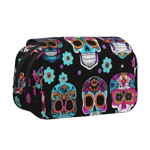 Federmäppchen mit Totenkopf-Motiv, Doppel-Klappetui, Reißverschlusstaschen, großes Fassungsvermögen für Kunstbedarf und Reisen von FKGKDF