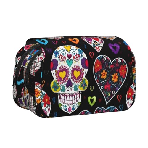 Federmäppchen mit Totenkopf-Motiv, Doppel-Klappetui, Reißverschlusstaschen, großes Fassungsvermögen für Kunstbedarf und Reisen von FKGKDF