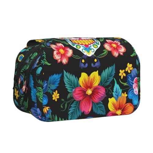 Federmäppchen mit Totenkopf-Motiv, Doppel-Klappetui, Reißverschlusstaschen, großes Fassungsvermögen für Kunstbedarf und Reisen von FKGKDF