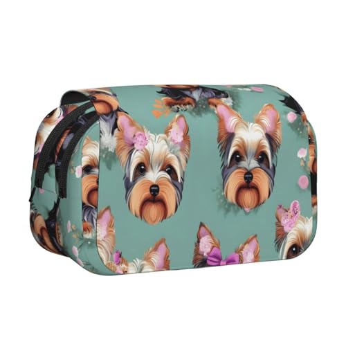 Federmäppchen mit Yorkie-Blumendruck, doppeltes Klappetui, Reißverschlusstaschen, großes Fassungsvermögen für Kunstbedarf und Reisen von FKGKDF