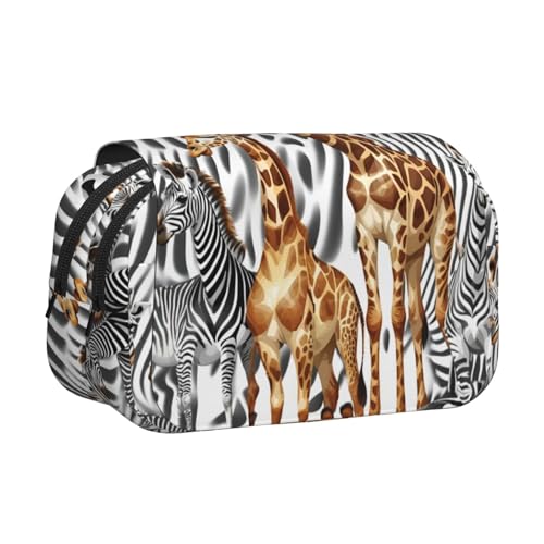 Federmäppchen mit Zebra- und Giraffen-Druck, Doppel-Klappetui, Reißverschlusstaschen, großes Fassungsvermögen für Kunstbedarf und Reisen von FKGKDF