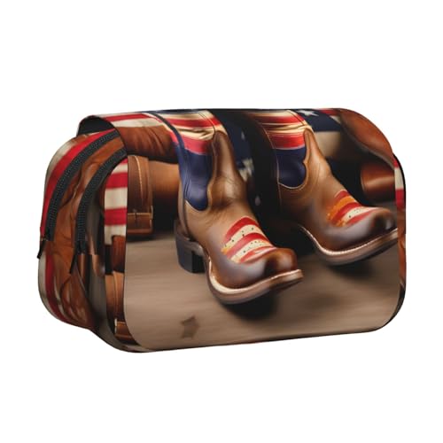 Federmäppchen mit amerikanischer Flagge und Cowboystiefeln, Doppel-Klappetui, Reißverschlusstaschen, großes Fassungsvermögen für Kunstbedarf und Reisen von FKGKDF