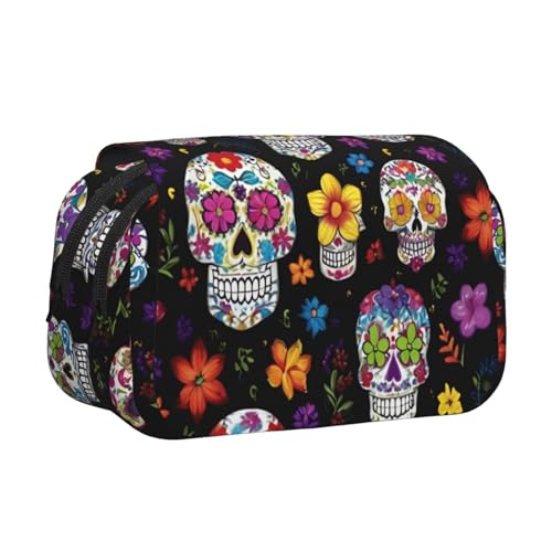 Federmäppchen mit buntem Totenkopf-Motiv, Doppel-Klappetui, Reißverschlusstaschen, großes Fassungsvermögen für Kunstbedarf und Reisen Federmäppchen mit buntem Totenkopf-Motiv, Doppel-Klappetui, Reißverschlusstaschen, großes Fassungsvermögen für Kunstbedarf und Reisen von FKGKDF