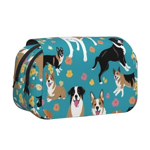 Federmäppchen mit niedlichem Corgi-Druck, Doppel-Klappetui, Reißverschlusstaschen, großes Fassungsvermögen für Kunstbedarf und Reisen von FKGKDF