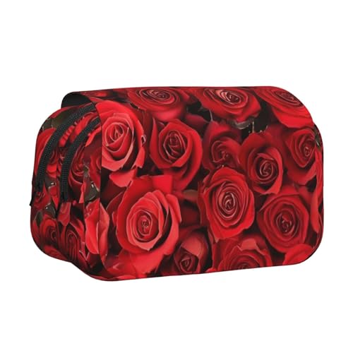 Federmäppchen mit rotem Rosenmuster, Doppel-Klappetui, Reißverschlusstaschen, großes Fassungsvermögen für Kunstbedarf und Reisen von FKGKDF