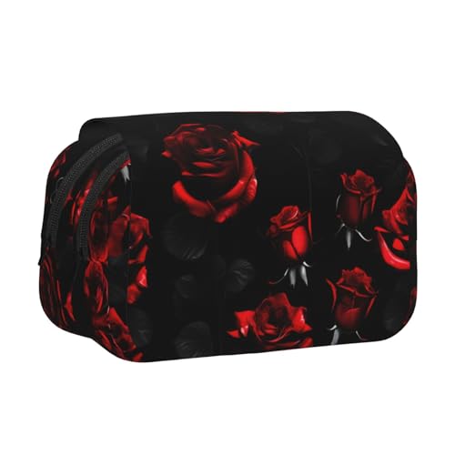 Federmäppchen mit roten und schwarzen Rosen, doppeltes Klappetui, Reißverschlusstaschen, großes Fassungsvermögen für Kunstbedarf und Reisen von FKGKDF
