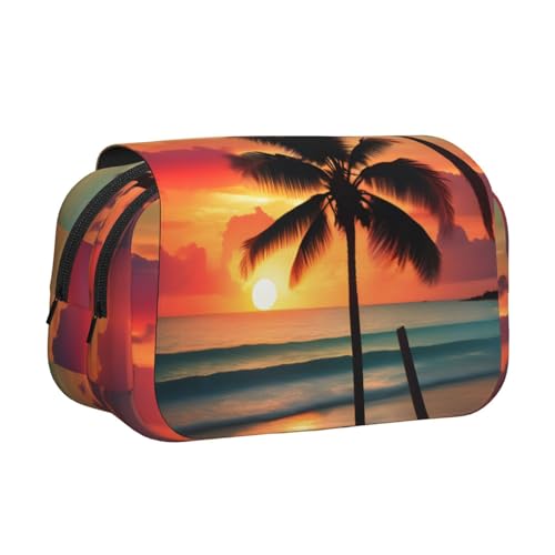 Federmäppchen mit tropischem Strandpalmen-Druck, Doppel-Klappetui, Reißverschlusstaschen, großes Fassungsvermögen für Kunstbedarf und Reisen von FKGKDF