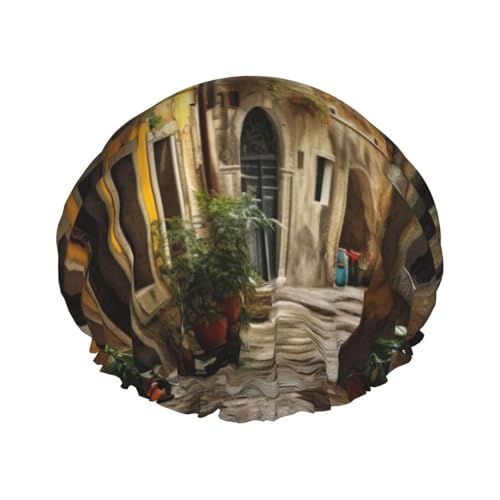 Italienische wiederverwendbare Alte Straße bedruckte Duschmützen für Frauen, Doppel Schicht Haarkappe, Erwachsene Haarhaube für alle Haare von FKGKDF