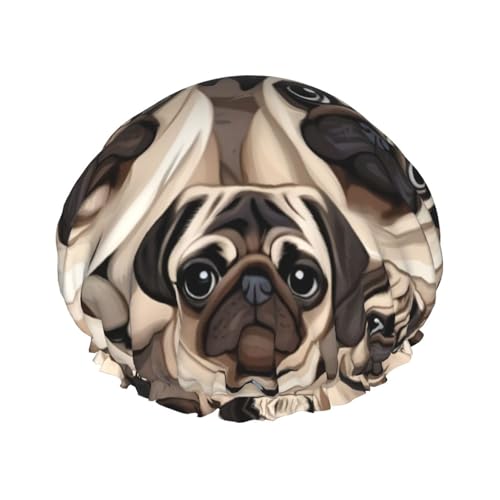 Lustige Mops Muster Druck wiederverwendbare Duschhüte für Frauen, Doppel Schicht Haarkappe, Erwachsene Haarmütze für alle Haare von FKGKDF