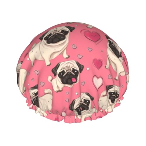 Mops Hund Print Wiederverwendbare Duschhauben für Frauen, Doppel Schicht Haarkappen, Erwachsene Haarhaube für alle Haare von FKGKDF