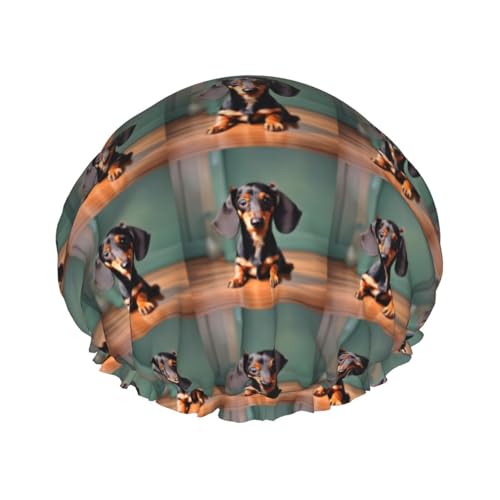 Niedliche Dackel Duggee Druck Wiederverwendbare Duschhauben für Frauen, Doppel Schicht Haarkappe, Erwachsene Haarhaube für alle Haare von FKGKDF