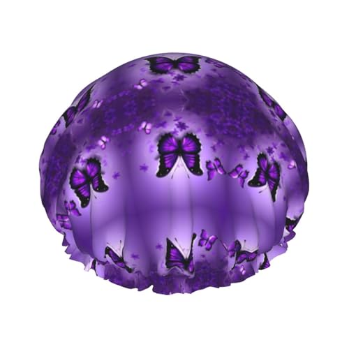 Niedliche Lila Schmetterlinge Druck Wiederverwendbare Duschhauben für Frauen, Doppel Schicht Haarkappe, Erwachsene Haarmütze für alle Haare von FKGKDF