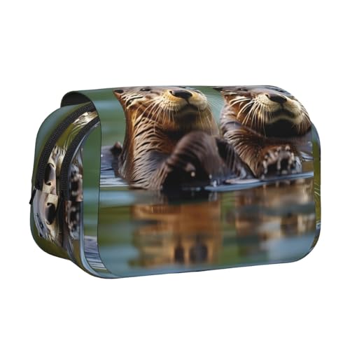 Otter-Druck-Doppel-Klapp-Federmäppchen, Reißverschlusstaschen, großes Fassungsvermögen für Kunstbedarf und Reisen von FKGKDF