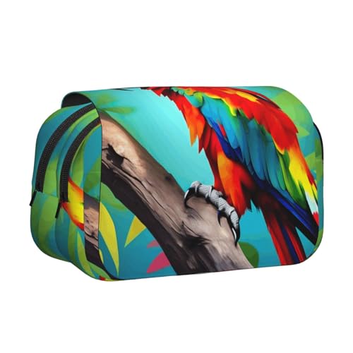 Papageien auf Baum, doppeltes Klapp-Federmäppchen, Reißverschlusstaschen, großes Fassungsvermögen für Kunstbedarf und Reisen von FKGKDF