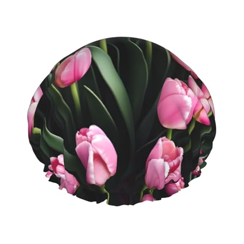 Rosa und Tulpen Druck Wiederverwendbare Duschhauben für Frauen, Doppel Schicht Haarkappen, Erwachsene Haarhaube für alle Haare von FKGKDF