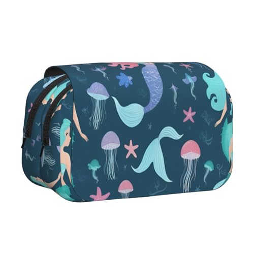 Schönes Federmäppchen mit Meerjungfrauen-Druck, Doppel-Klappetui, Reißverschlusstaschen, großes Fassungsvermögen für Kunstbedarf und Reisen von FKGKDF