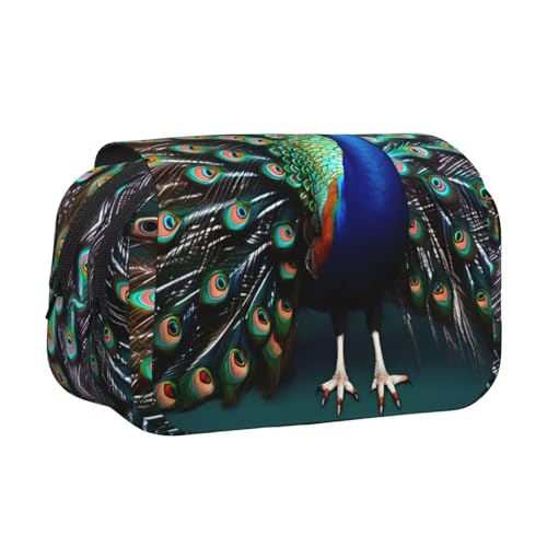Schönes Federmäppchen mit Pfauen-Aufdruck, Doppel-Klappetui, Reißverschlusstaschen, großes Fassungsvermögen für Kunstbedarf und Reisen von FKGKDF