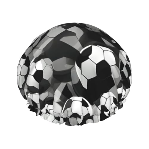 Schwarz und Weiß Fußball Muster Druck wiederverwendbare Duschhüte für Frauen, Doppel Schicht Haarkappe, Erwachsene Haarmütze für alle Haare von FKGKDF