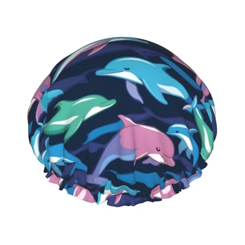 Wiederverwendbare Delphin bedruckte Duschkappen für Damen, Doppel Schicht Haarkappe, Erwachsene Haarhaube für alle Haare von FKGKDF