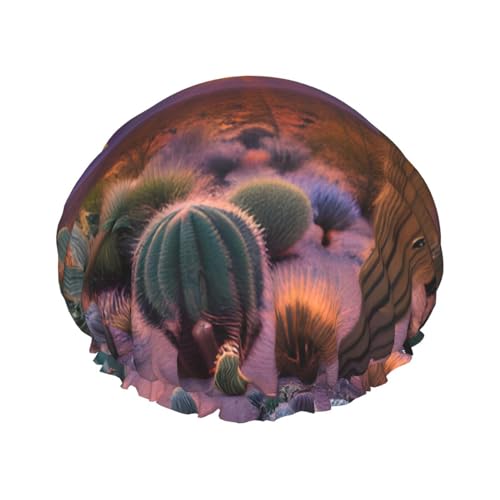 Wiederverwendbare Duschhauben für Damen, Motiv: Kaktuswüste mit Sonnenuntergängen, doppellagige Haarkappe, Erwachsenen-Haarkappe für alle Haare von FKGKDF