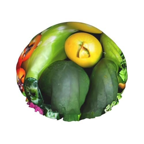 Wiederverwendbare Duschhauben für Frauen, mit frischem Gemüse, Obstdruck, doppellagige Haarkappe, Erwachsenen-Haarkappe für alle Haare von FKGKDF