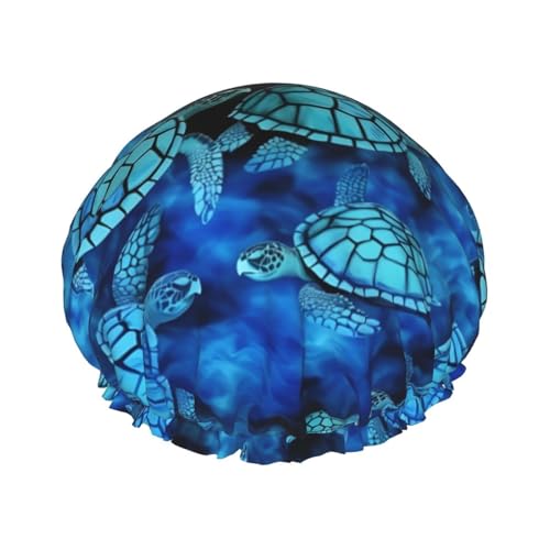 Wiederverwendbare Duschhauben mit Meeresschildkröten-Blau-Druck, für Frauen, doppellagige Haarkappe, Erwachsenen-Haarkappe für alle Haare von FKGKDF