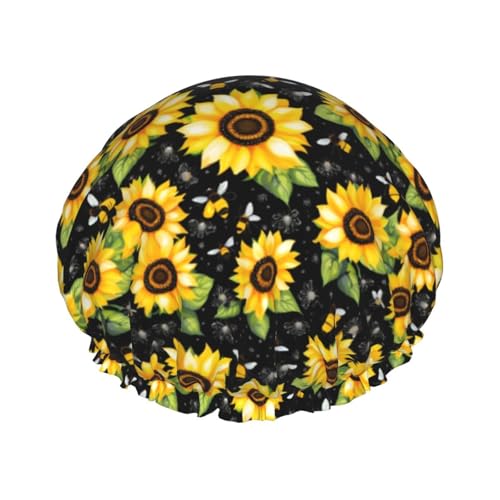 Wiederverwendbare Duschhauben mit Sonnenblumen-Bienen-Druck, für Frauen, doppellagige Haarkappe, Erwachsenen-Haarkappe für alle Haare von FKGKDF