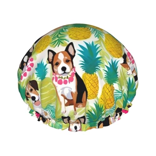 Wiederverwendbare Duschhauben mit tropischen Blumen und Corgi-Druck, für Frauen, doppellagige Haarkappe, Erwachsenen-Haarkappe für alle Haare von FKGKDF