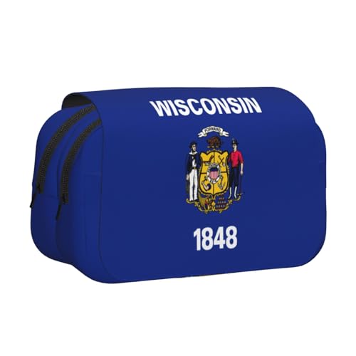 Wisconsin Federmäppchen mit Staatsflaggen-Druck, Doppel-Klappetui, Reißverschlusstaschen, großes Fassungsvermögen für Kunstbedarf und Reisen von FKGKDF