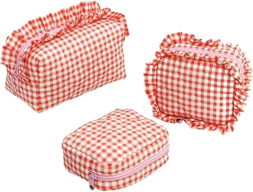 Modische kleine Tasche mit Rüschen, Kariertes, gestepptes Kosmetiktaschen-Reiseset, unverzichtbare Aufbewahrung für Damen (3-teilig) von FKGQWZETK