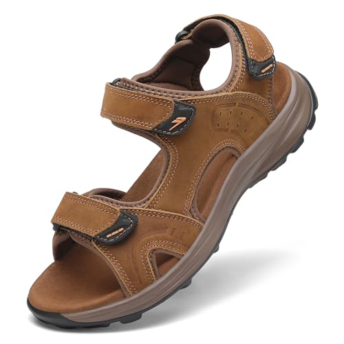 FLARUT Herren Sandalen Sommer Wanderschuhe Trekkingsandalen Outdoor Sport Leder Strand Wandersandale Offene Zehe Wandern Sandalen Lässige Sportsandalen(Braun C,40) von FLARUT