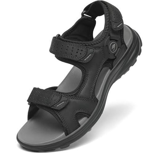 FLARUT Herren Sandalen Sommer Wanderschuhe Trekkingsandalen Outdoor Sport Leder Strand Wandersandale Offene Zehe Wandern Sandalen Lässige Sportsandalen(Schwarz,44) von FLARUT