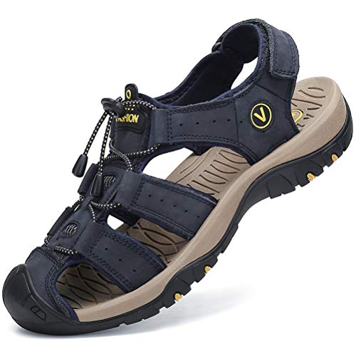 FLARUT Sandalen Herren Outdoorsandalen Sommer Wanderschuhe Trekkingsandalen Leder Strand Wandersandale Laufschuhe Lässige Sneaker Sportsandalen(Blau,44) von FLARUT