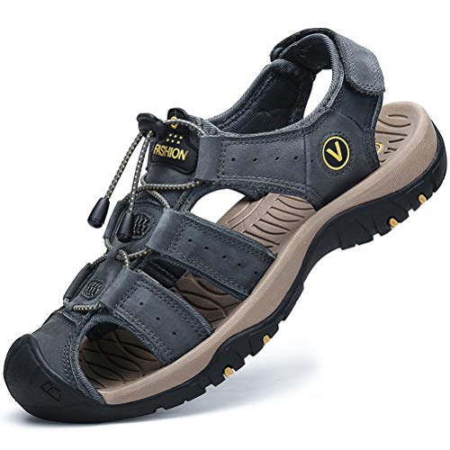 FLARUT Sandalen Herren Outdoorsandalen Sommer Wanderschuhe Trekkingsandalen Leder Strand Wandersandale Laufschuhe Lässige Sneaker Sportsandalen(grau,39) von FLARUT