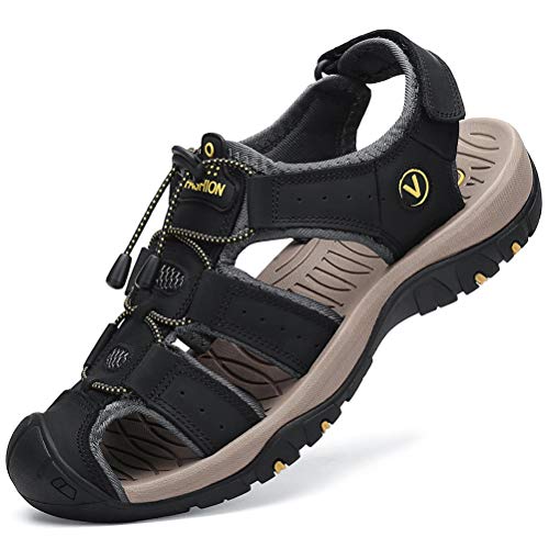 FLARUT Sandalen Herren Outdoorsandalen Sommer Wanderschuhe Trekkingsandalen Leder Strand Wandersandale Laufschuhe Lässige Sneaker Sportsandalen(schwarz,39) von FLARUT