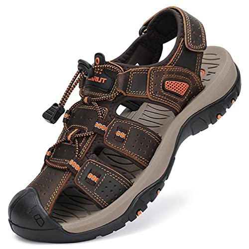 FLARUT Sandalen Herren Outdoorsandalen Trekkingsandalen Leder Wandersandale Sportsandalen(braun,40) von FLARUT