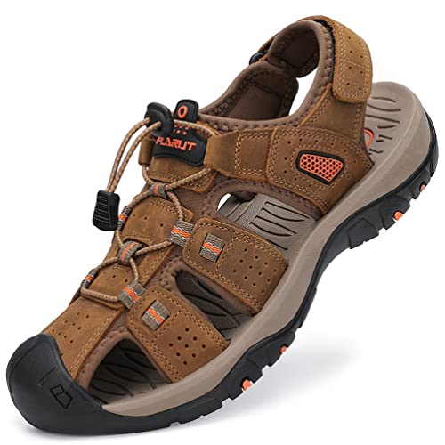 FLARUT Sandalen Herren Outdoorsandalen Trekkingsandalen Leder Wandersandale Sportsandalen(braun,40) von FLARUT