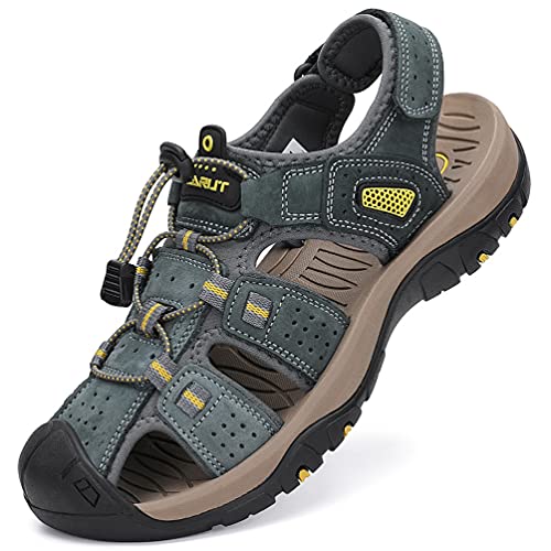 FLARUT Sandalen Herren Outdoorsandalen Trekkingsandalen Leder Wandersandale Sportsandalen(grau,39) von FLARUT