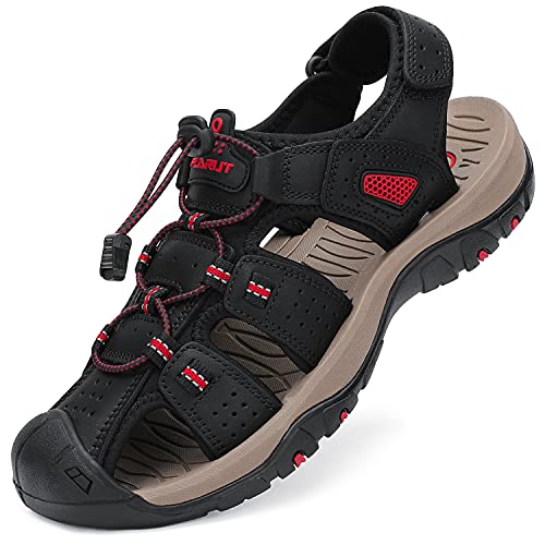 FLARUT Sandalen Herren Outdoorsandalen Trekkingsandalen Leder Wandersandale Sportsandalen(schwarz,42) von FLARUT