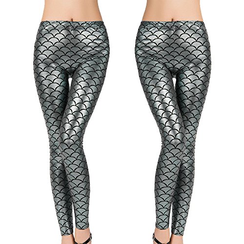 FLAVES FASHION Metallic-Leggings mit Meerjungfrauen-Fischschuppen-Druck, Stretch-Hose, silber, 38-40 von FLAVES FASHION