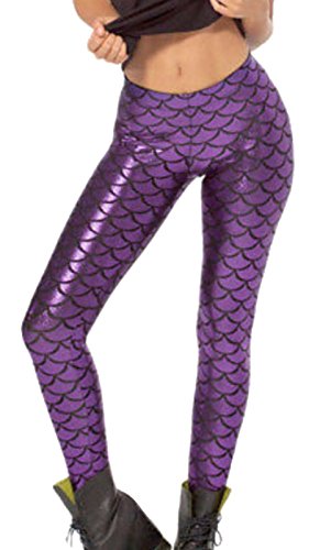 FLAVES FASHION Metallic-Leggings mit Meerjungfrauen-Fischschuppen-Druck, Stretch-Hose, violett, 38-40 von FLAVES FASHION