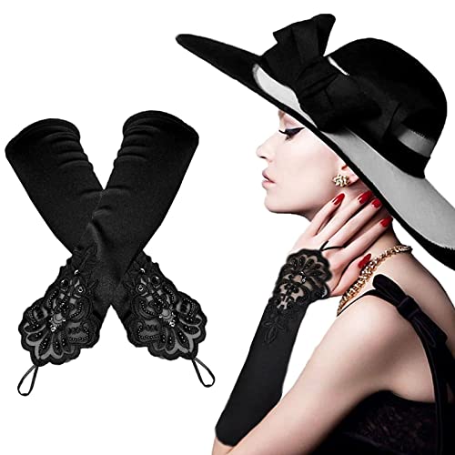 FLAVNTEL Schwarze Opera Lange Handschuhe, Damen Handschuhe Satin Classic Opera Fest Party Audrey Hepburn Handschuhe,1920er Jahre Zubehör Fingerlose Handschuhe 20's Accessoires (Black) von FLAVNTEL